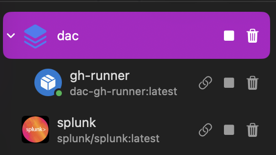 Local Docker environment with Splunk and the GitHub Actions runner running together