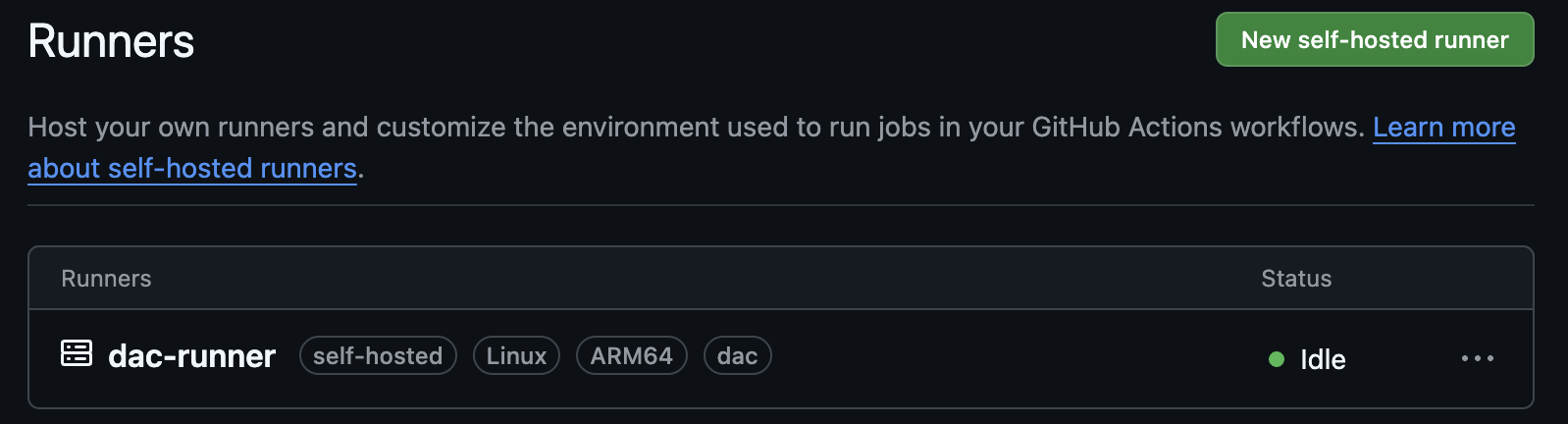 GitHub Actions self-hosted runner registered and idle with the dac label