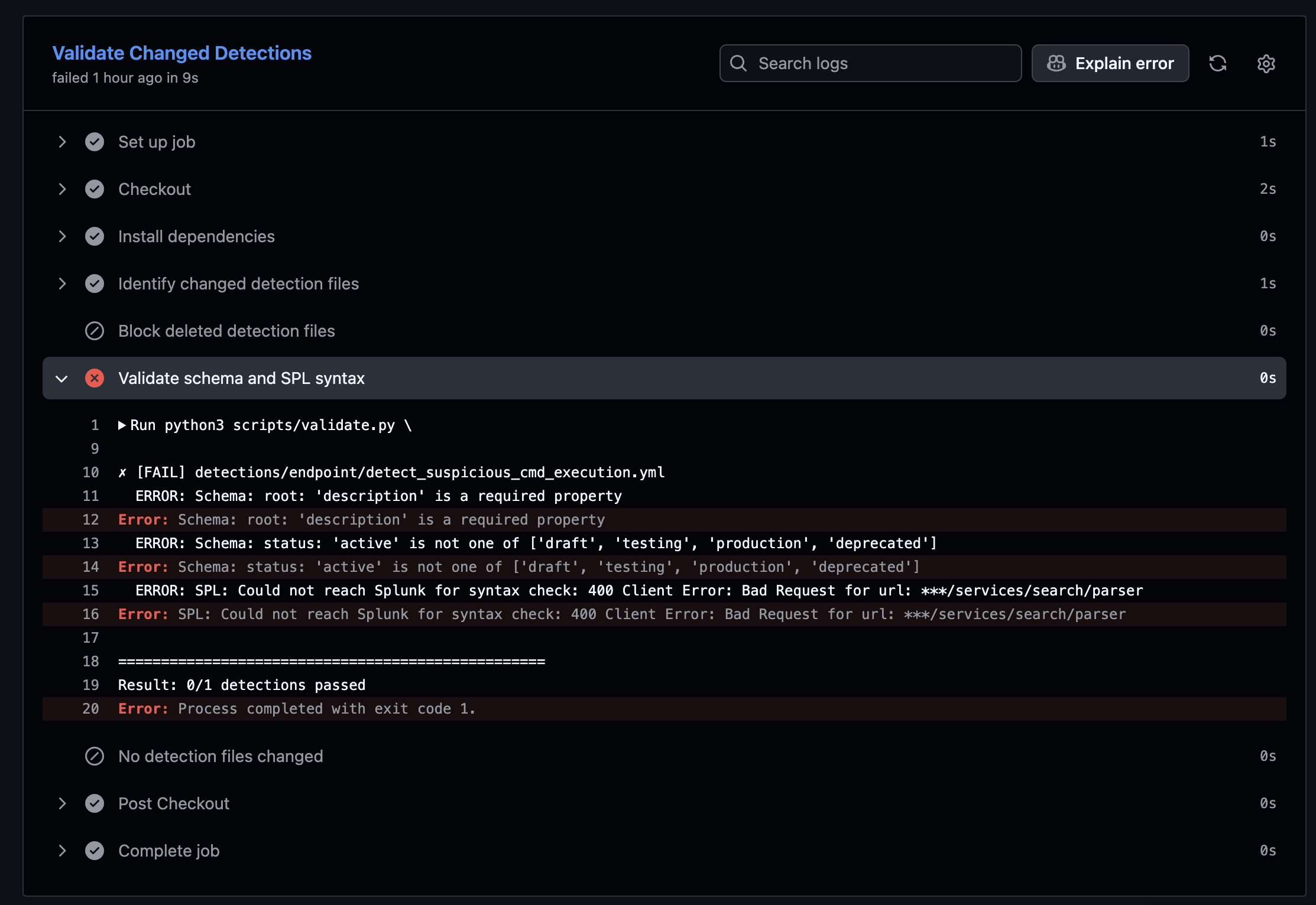 Failed GitHub Actions validation showing schema and SPL errors for a detection file